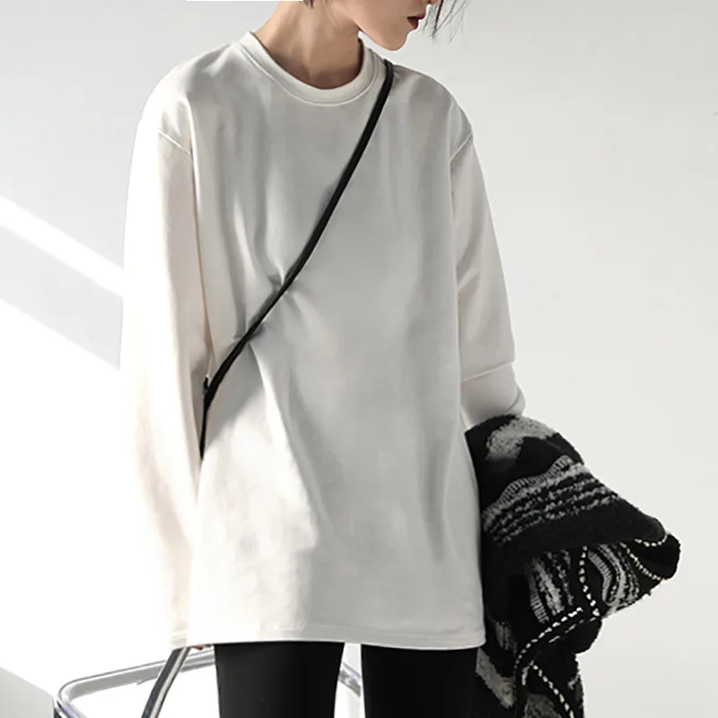 

Women Clothing Simple Solid Color Loose Round Neck Folding White T Shirt Medium Length Top Bottom Shirt Casual Women T Shirt