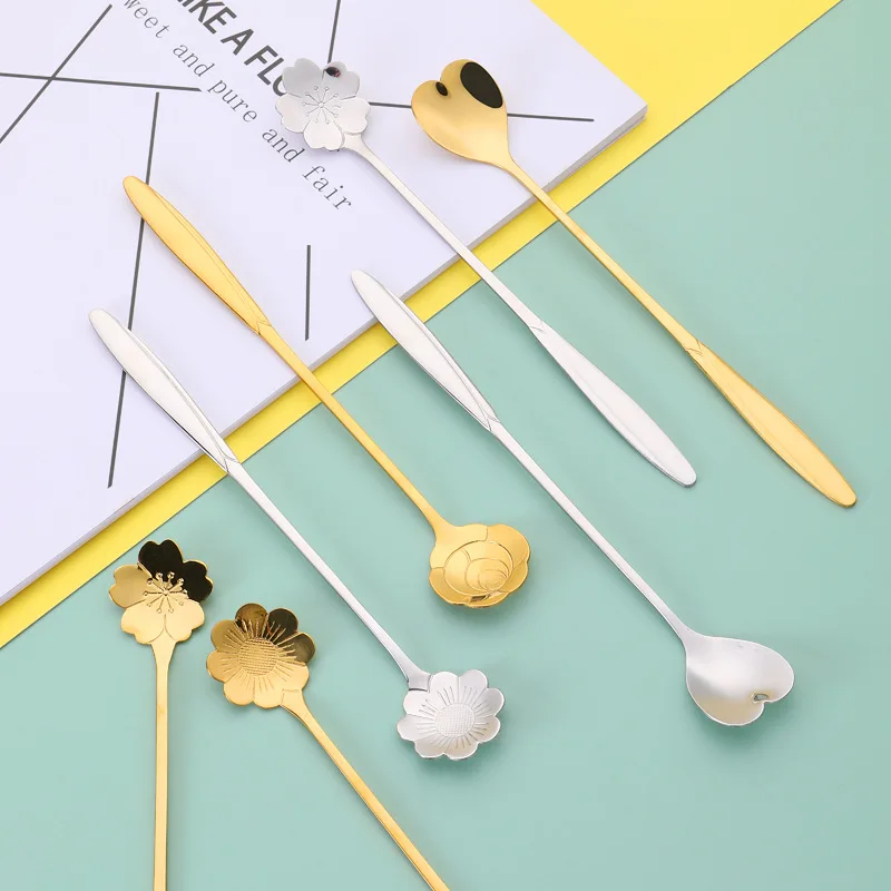 

1 Piece of 304 Stainless Steel Cherry Spoon Creative Flower Spoon Long Handle Ice Spoon Dessert Coffee Stirring Spoon
