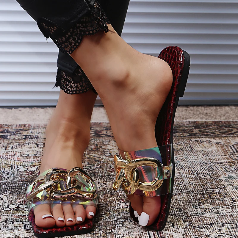 

Outdoor Slides Women Slippers Fashion Metal Chain Decoration Women Slippers Shoes Breathable Casual Beach Sandals Sandalia Mujer