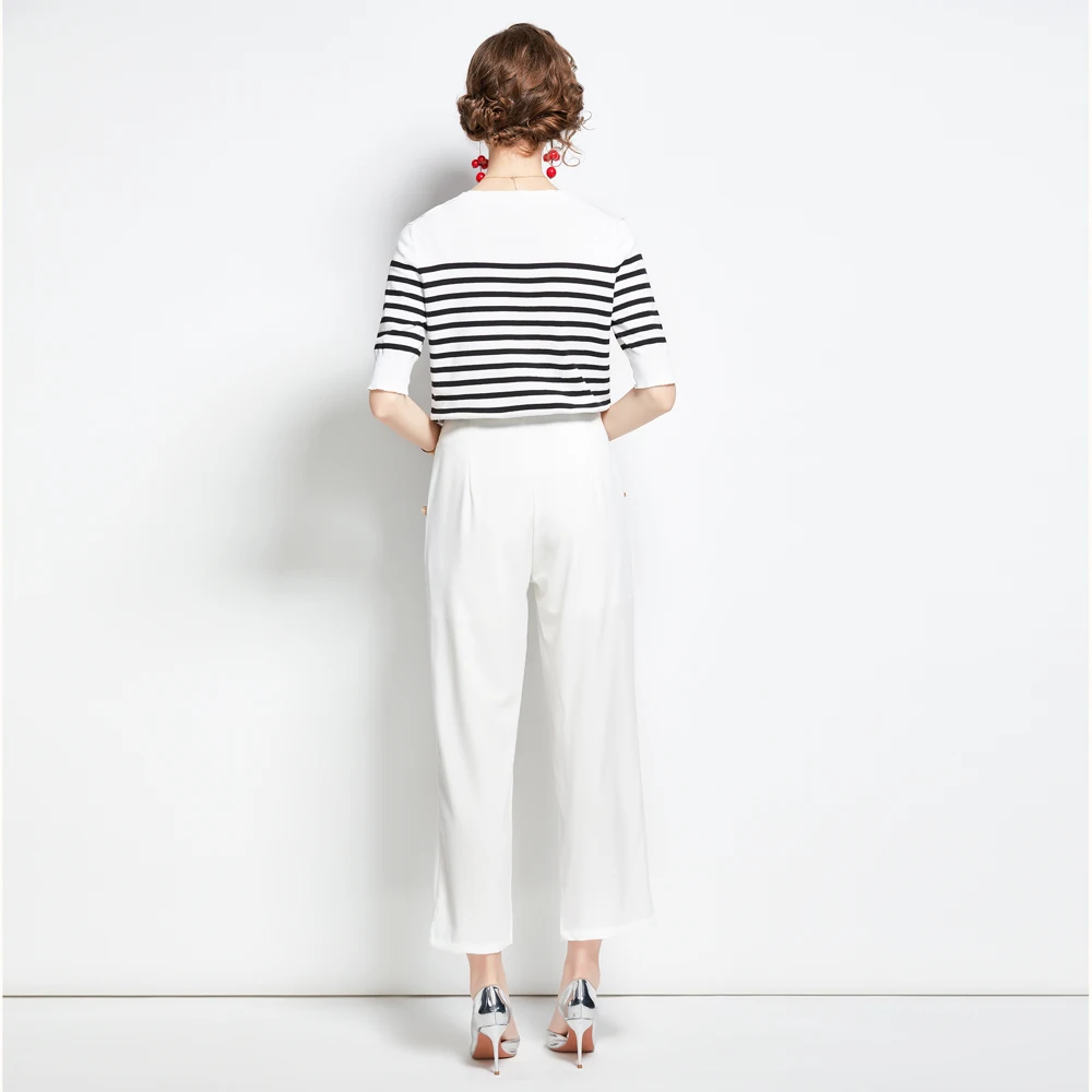 

Elegant Lady Designers Spring Autumn Two Piece Outfit Women Striped Knitting Top and Pants Suit Office Party Trousers Sets