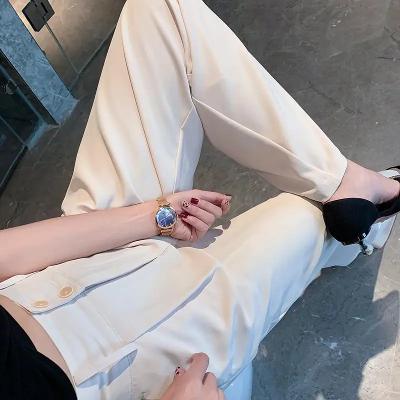 

2021 Spring Summer New Woman Pants White Suits Wide Leg Pants High Waist Solid Color Ice Silk Casual Loose Full Length Trousers