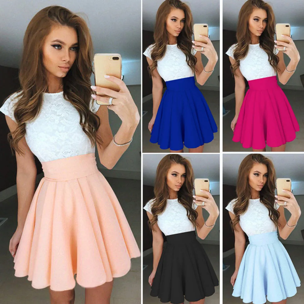 

2021 Womens Lace Party Cocktail Mini Dress Ladies Summer Short Sleeve Skater Dresses Daily Csaual Fashion Dresses Dropshipping