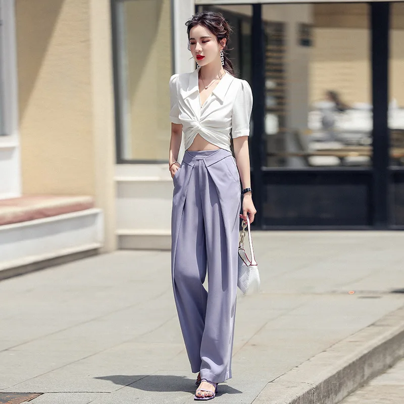 

Fashion Summer Purple Wide Leg Pants Women High Waist Loose Palazzo Pants Casual Elegant Office Ladies Long Korean Trousers