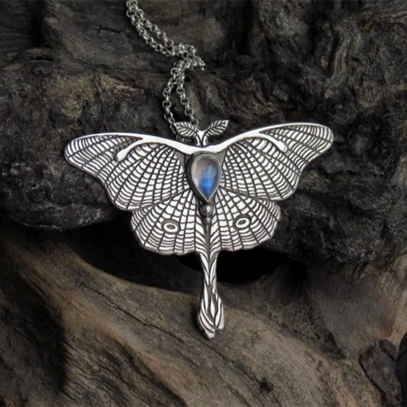 

Death Moth Necklace with Moonstone Vintage Animal Butterfly Egirl Wiccan Occult Grunge Gothic Aesthetic Fairy Charm Necklace