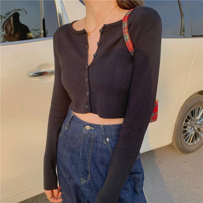 

High-waist single-breasted long-sleeved blouse women's spring 2021 new knitted cardigan slim and thin short jacket casual wear