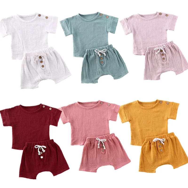 

New 0-24M Baby Girls Boys Botton Clothes Outfits Cotton Summer Kids Short Sleeve Tops T-Shirts+Shorts Suits