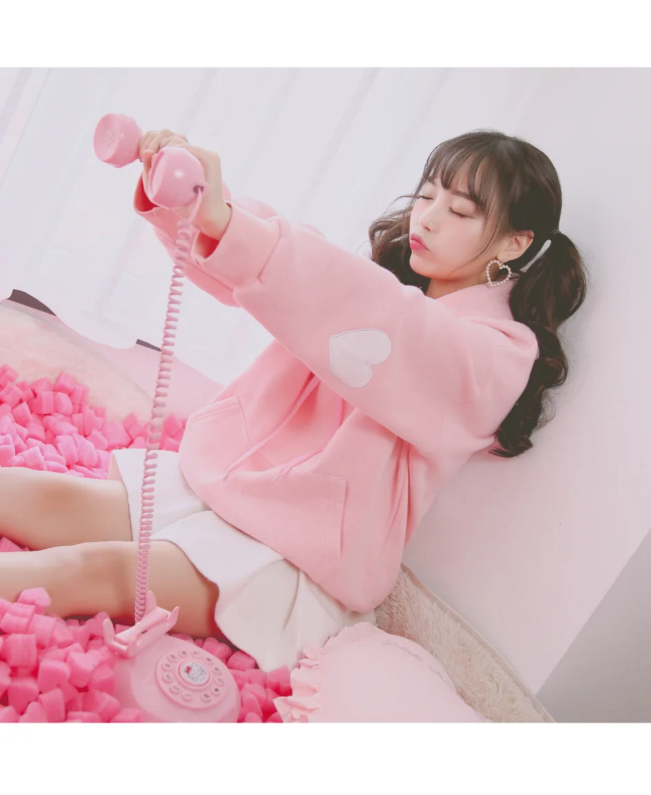 

Kawaii Hoodie Long Sleeve Pullover Loose Sweatshirt Pink White Thicken Warm Hoodies Fall 2020 Women Korean Casual Fashion Tops