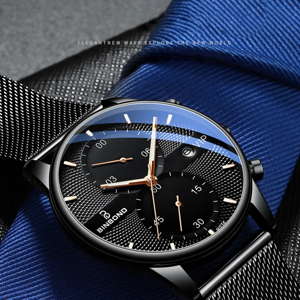 

BINBOND Chronograph Mens Stop Watch Luxury Brand Sports Quartz 3bar Waterproof Wrist Watches Luminous Calendar Relogio Masculino