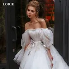 LORIE трапециевидные Короткие свадебные платья с открытыми плечами с пышными рукавами платья невесты с цветами свадебное платье на заказ