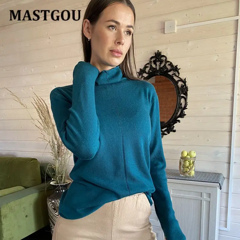

MASTGOU Winter Wool Solid Women Knitted Foldover Turtleneck Sweater Pile Collar Soft Female Jumper Cashmere Pullovers Tops Pull
