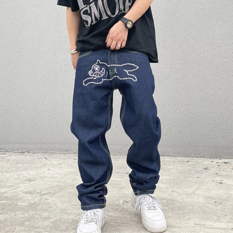 

Летающая собака хот Стразы прямые свободные хип-хоп джинсы брюки для мужчин и женщин прямые потертые синие повседневные джинсовые брюки
