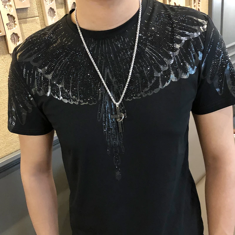 diamond feather drops wings printed mercerized clothes short sleeved t shirt mens fashion brand hot diamond tassel t shirt men free global shipping