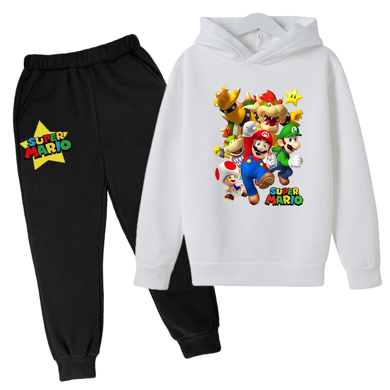 Sudadera con capucha y pantalones para ni&ntilde;os, Conjunto de sudadera de algod&oacute;n con dibujos animados, ropa de moda de dos piezas, abrigo para personas mayores, Super Mario 4T-14T, negro &middot; blanco-1