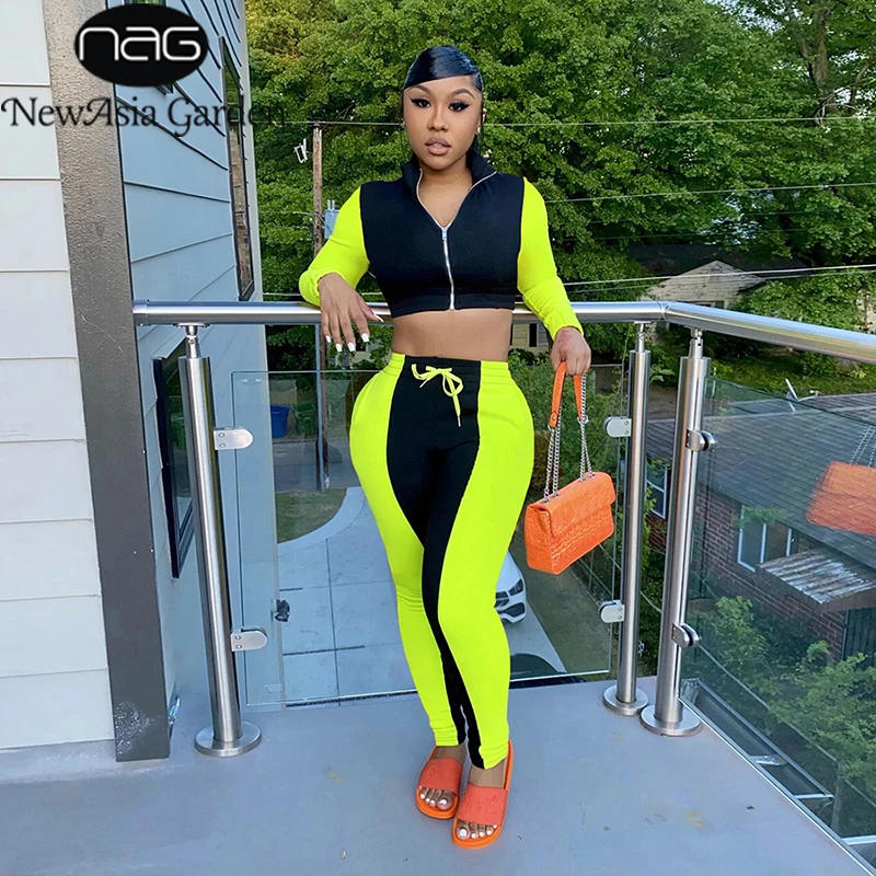 

Женский спортивный костюм на молнии с длинным рукавом, укороченный топ с цветными вставками и завязками, комплект из двух предметов, Клубны...