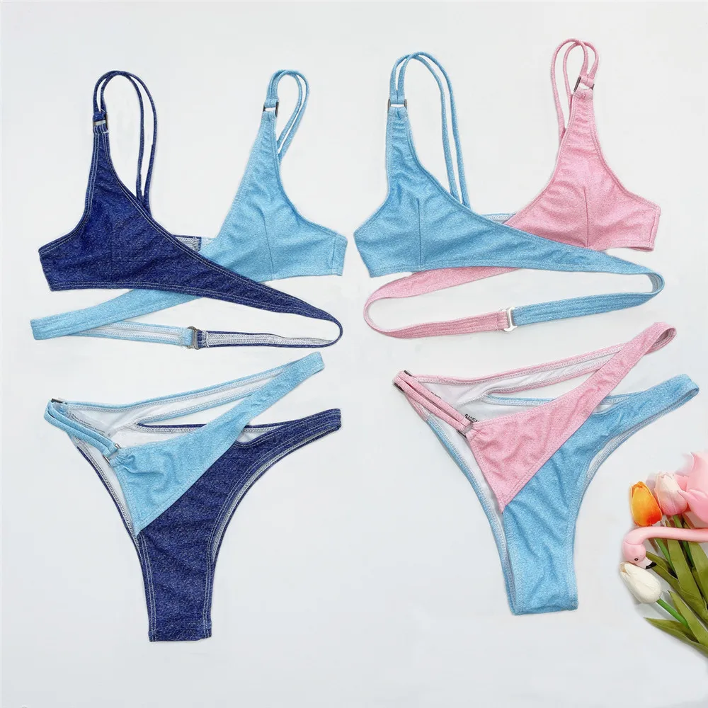 

Contrasting Color Stitching Two-pieces Bikini Sets Swimsuit Ladies Cross Bandage Hollow Out Swimwear Women Beach Bathing Suits