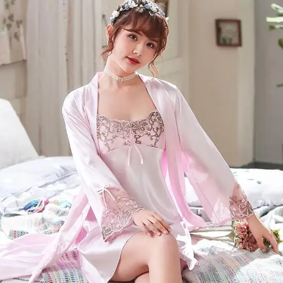 Комплект из двух предметов Женский шелковая атласная пижама кружевной халат с