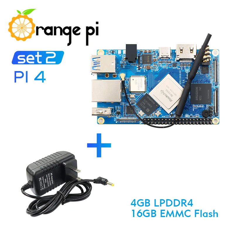 Оранжевый Pi 4 комплект 2: OPI4+ блок питания, 4 Гб DDR4+ 16 Гб EMMC Rockchip RK3399 макетная плата Поддержка Android, ubuntu, debian