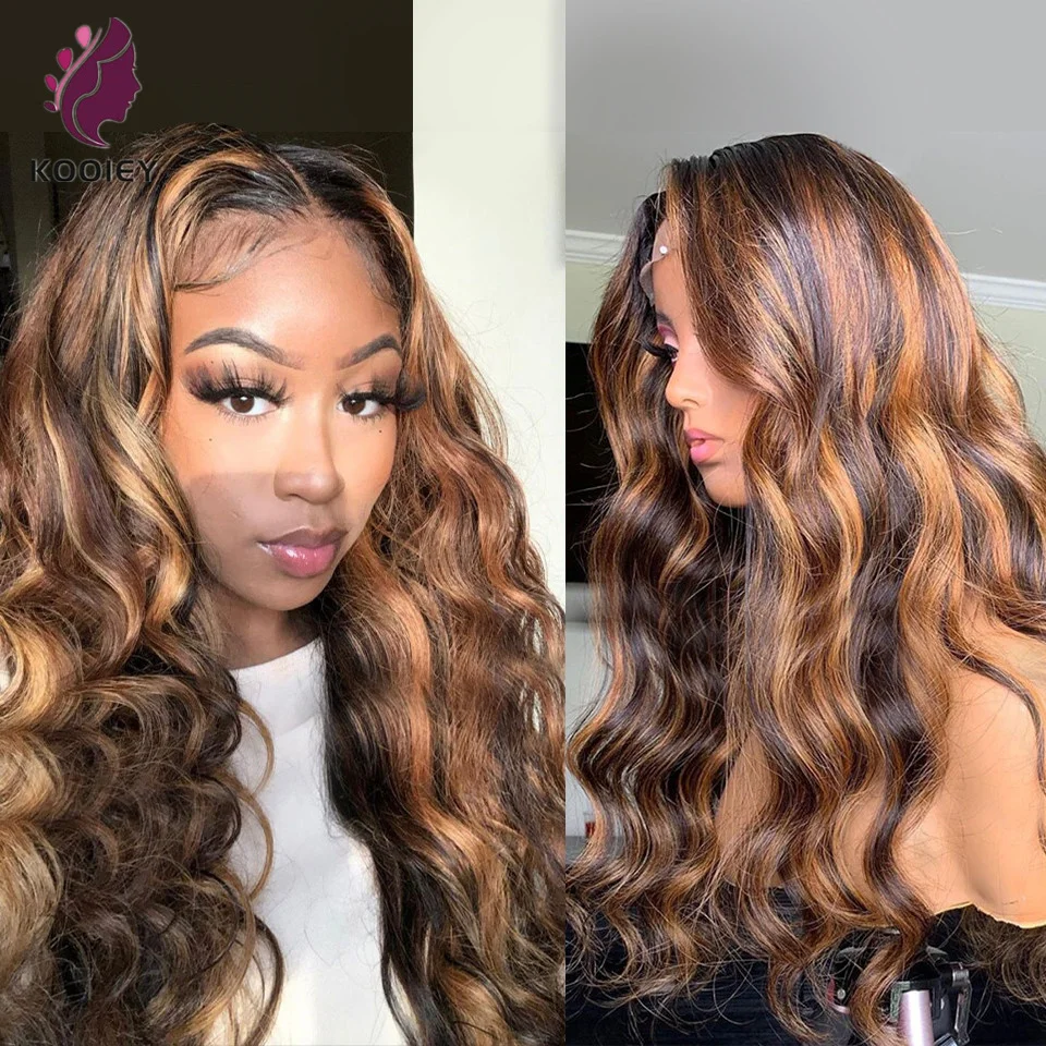 Highlight Wig Brown Black Mix Colored Human Hair Wigs 13x6x1 Ombre Body Wave T Part Lace Front Human Hair Wigs For Black Women