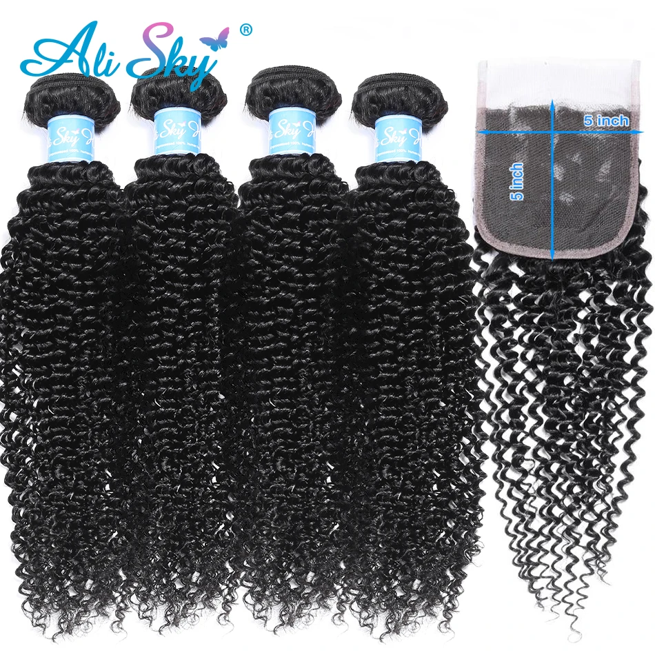 Ali sky Hair Malaysian Afro Kinky Curly Hair 4 bundles with 5x5 HD Lace Closure Free/Middle/Three Part Remy Human Hair Extension