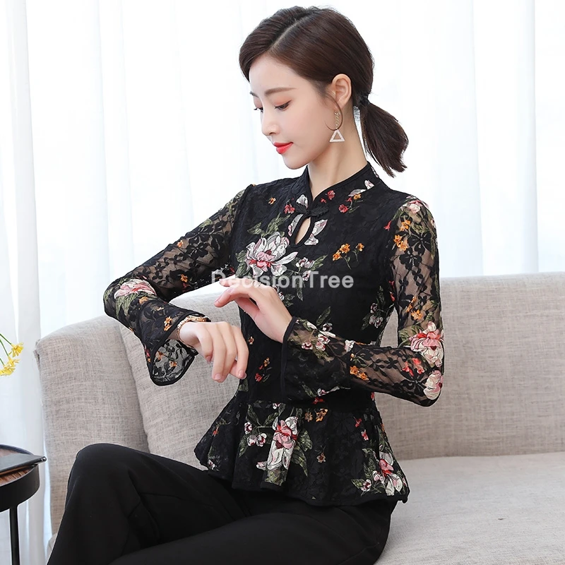 

2022 traditional chinese style lace blouse cheongsam women flower print qipao shirts chinese style cheongsam blouse qipao