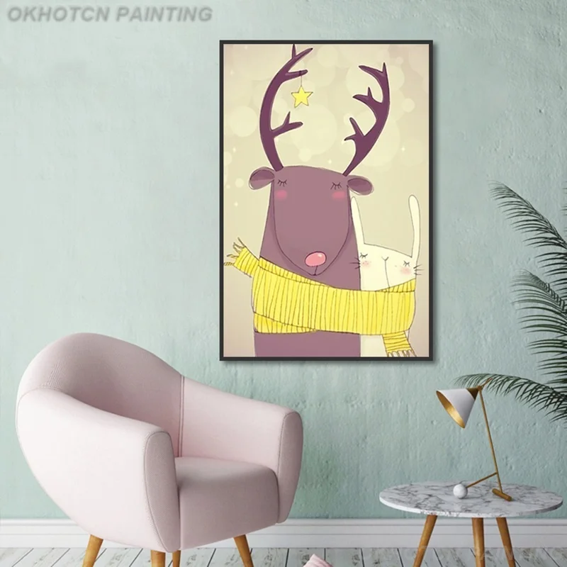 

Милый лось и кролик, фотография в нордическом минималистическом стиле для гостиной, детской спальни