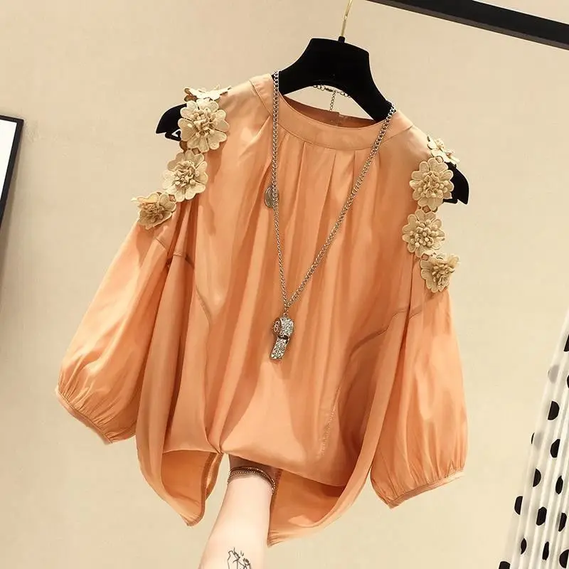 

Blouse Elegant Solid Silk Shirt Women Office Bottom Vintage Floral Top O Neck Chiffon Blouse Autumn Spring Korea Shirts Blusas