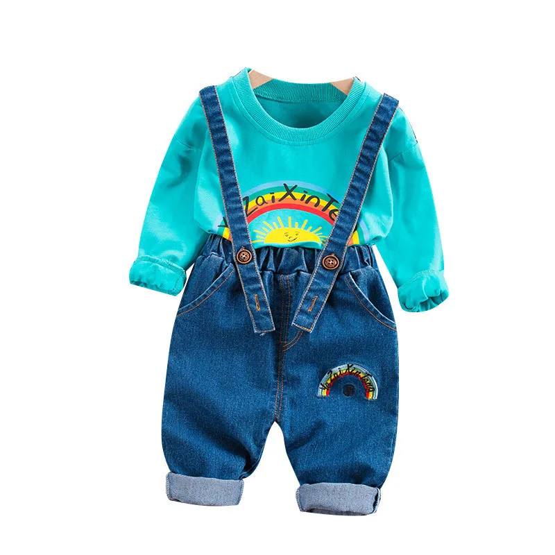 

Новый весенне-осенний костюм для маленьких мальчиков и девочек, детская хлопковая футболка, комбинезон, 2 шт./компл., модный костюм для малыш...