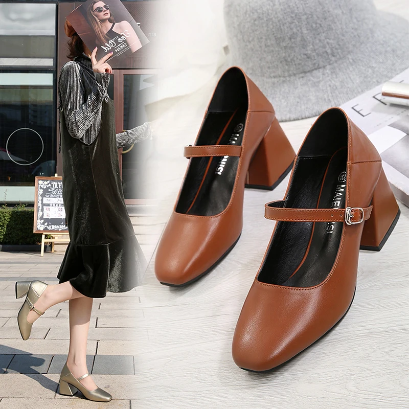 

2021 Summer New Retro Mary Jane Shallow Mouth Thick Heel Single Shoes Women's High Heels Women's Shoes Large Size 35-46