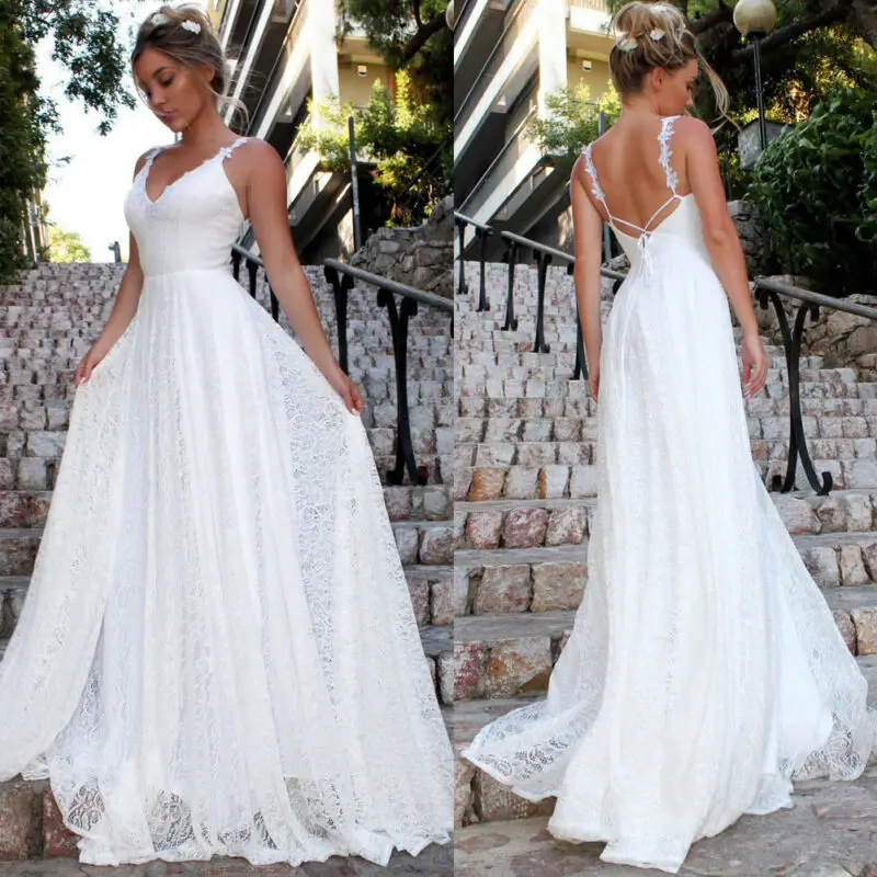 Womens Sleeveless Long Lace Formal Party Dress Prom Wedding Bridesmaid Ball Gown Dress White Boho Style Beach Maxi Dress