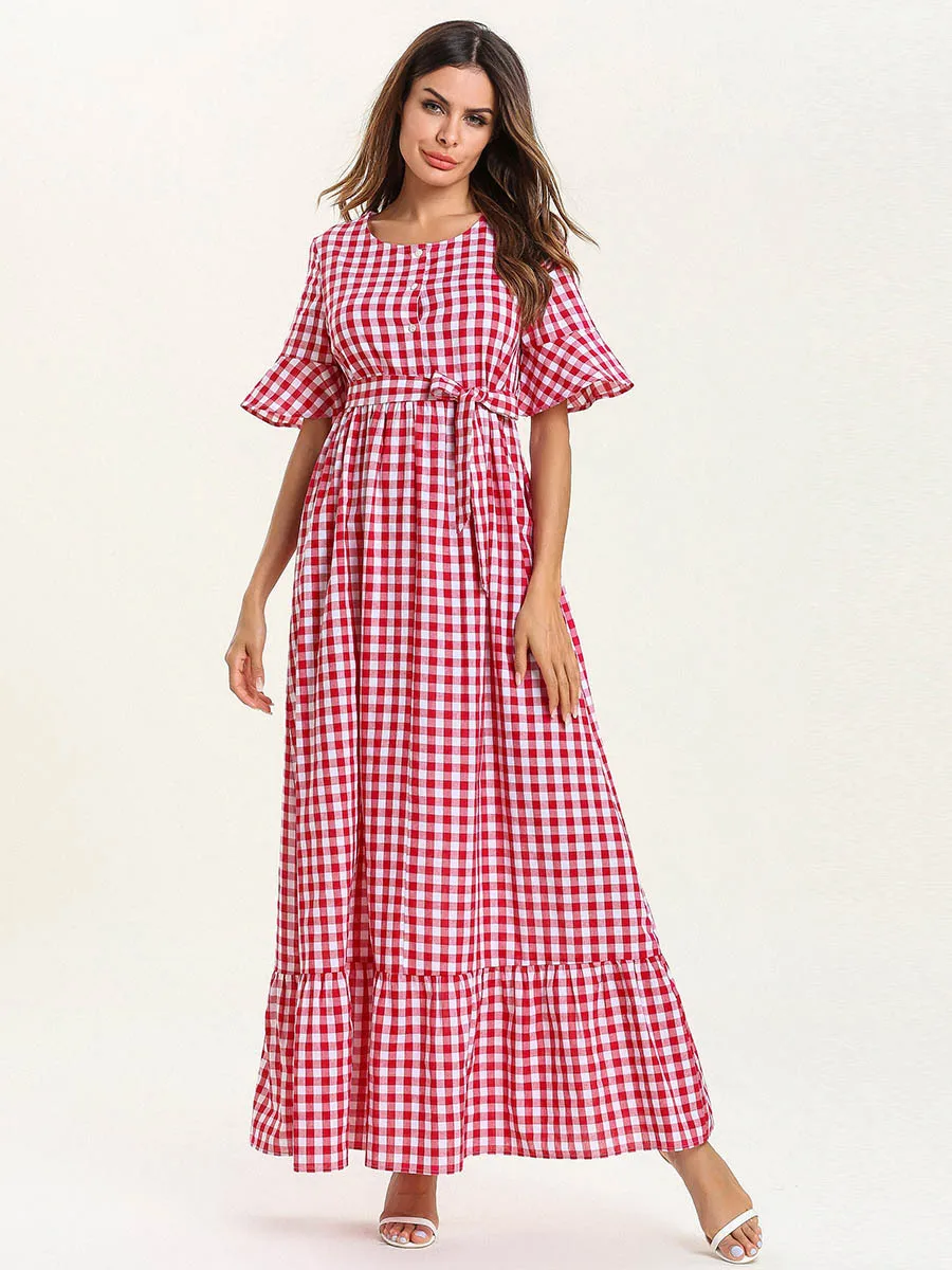 Женское платье с рюшами R Abaya свободное тонкое в клетку короткими рукавами