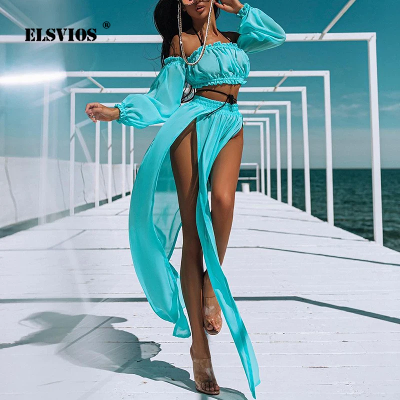 

Модный трендовый пикантный пляжный комплект из двух предметов с разрезом и вилкой для вечеринки, Осенний однотонный повседневный элегантн...