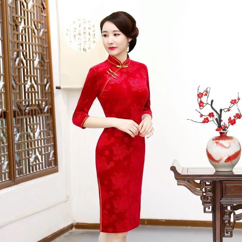 

Large-size Velvet Autumn Winter Slit Dress Chinese Traditional Qipao Long Cheongsam Daily Elegant Sexy Party китайское платье