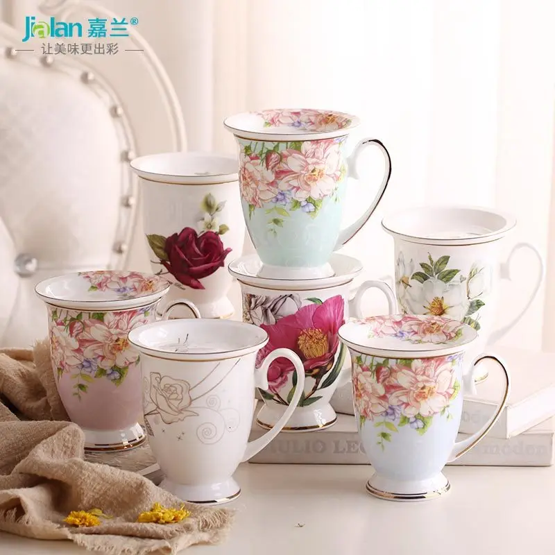 

Bone china water mug office water ceramic with lid spoon flower simple breakfast milk coffee cup porcelain Europe style 320ml