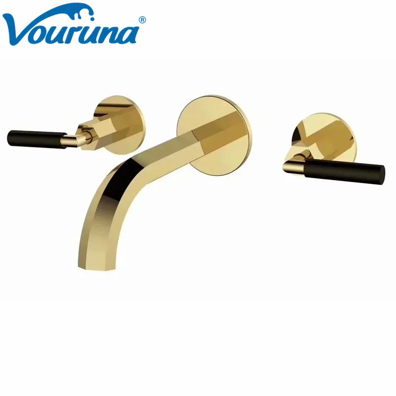 

VOURUNA Contemporary Dual Handles Rose Golden Bathroom Taps Chrome Finish In Wall Mount Bathroom Faucet