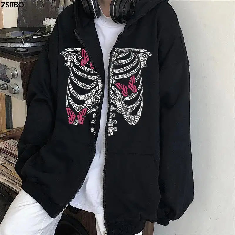 

Women y2k hooded jacket grunge streetwear cotton zip-up rhinestone butterfly skull print winter Goth Punk Oversized sweatshirts