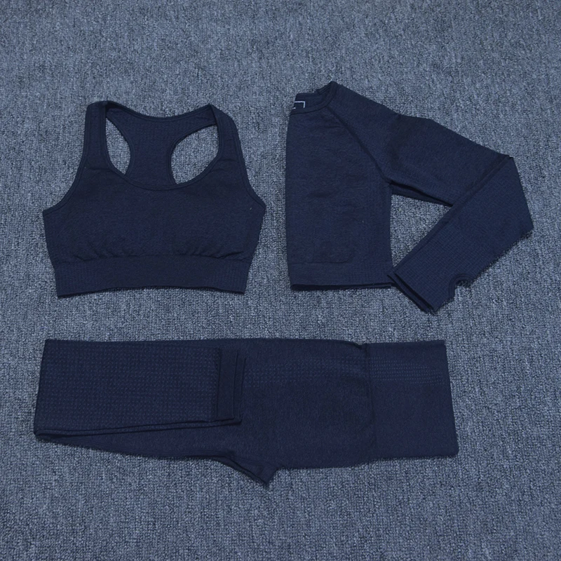 black Women's Sportswear Yoga Set Vital Seamless Leggings+Sport Brassiere+Long Sleeve Crop Top 3PCS Sports Suits Gym Workout Clothing - Цвет: black