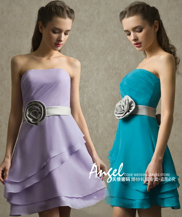 

cheap free shipping robe de soiree 2014 new fashion short chiffon flowers bow vestido de festa party gown Bridesmaid Dresses