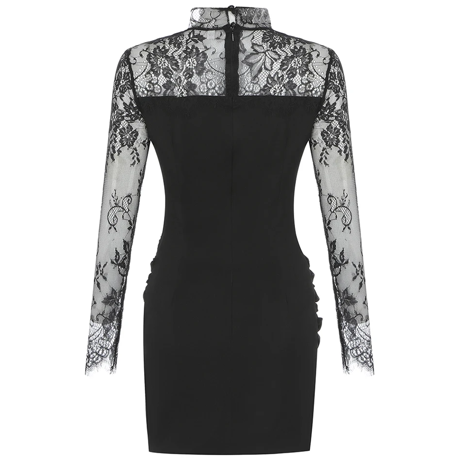 

2020 Fall Women'S Sexy Square Neck Hollow Black See-Through Lace Long Sleeve Bodycon Mini Dress Fashion Celebrity Party