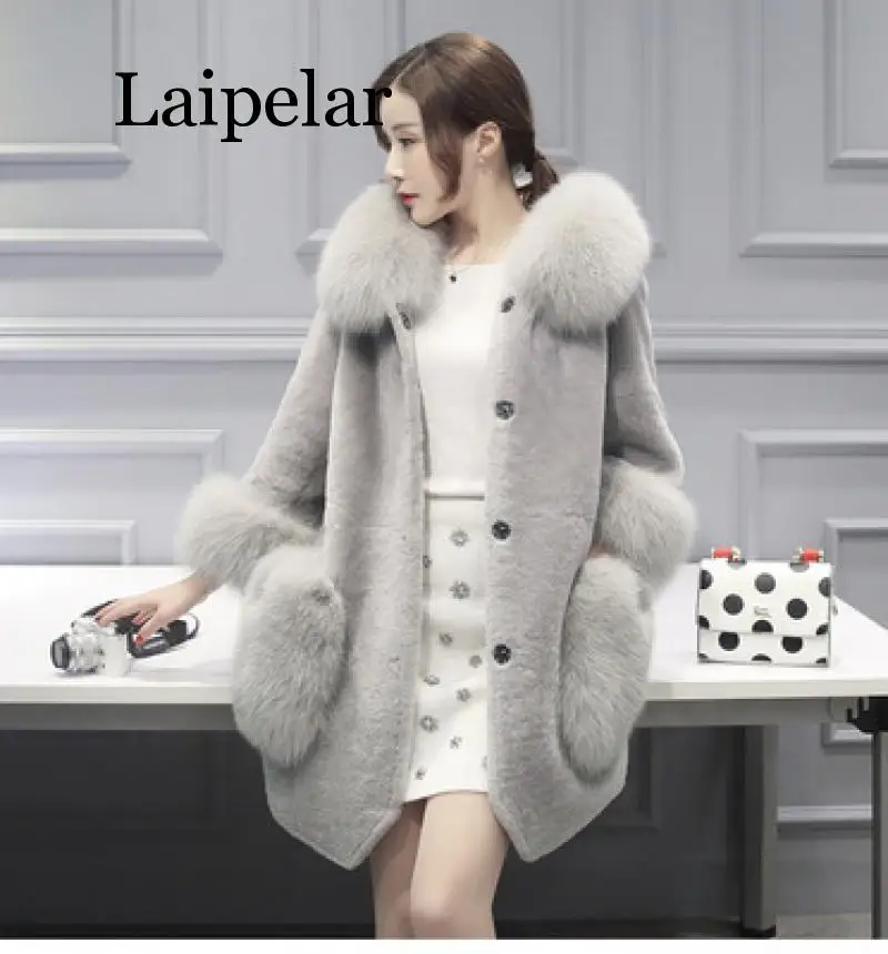 

Высококачественные теплые женские зимние пальто из овчины однотонные меховые пальто большого размера кашемировое пальто с воротником из л...