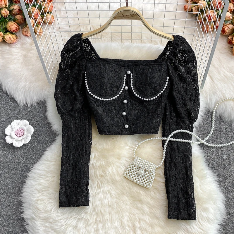 

Elegant retro ruffled waist slim short blouse women Topss shirt Autumn square collar puff sleeve hollow lace shirt blouse women