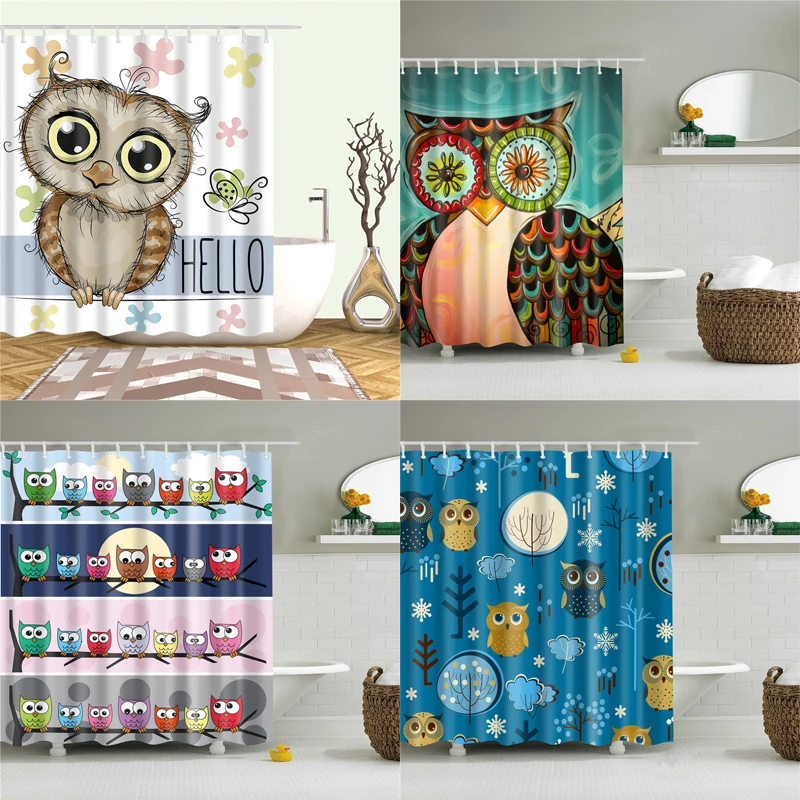 Водонепроницаемая занавеска для душа в виде совы с крючками Мультяшные