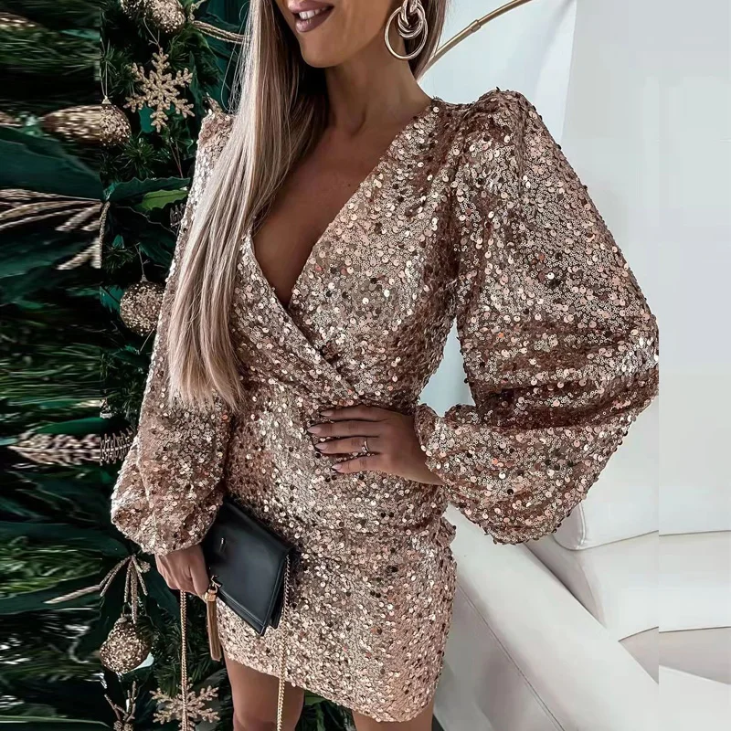 

Весна 2022, элегантное облегающее платье с V-образным вырезом и блестками, женское шикарное вечернее вечерние с буффами на плечах, женское мод...