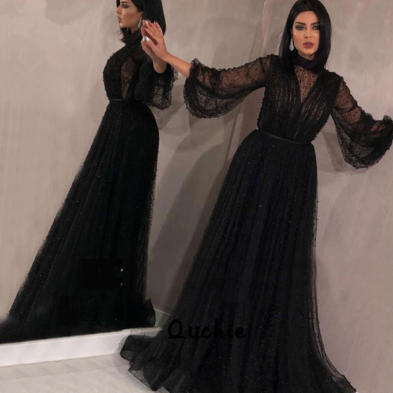 

Black Muslim Evening Dresses Pearls Lantern Sleeve Special Occasion robe soiree Islamic Dubai Kaftan Saudi Arabic Prom Gown