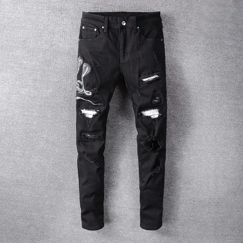 American Streetwear Men Jeans Embroidery Designer Ripped Jeans Destroyed Punk Pants Black Color Hip Hop Skinny Jeans - buy at price of $43.23 in aliexpress.com imall.com