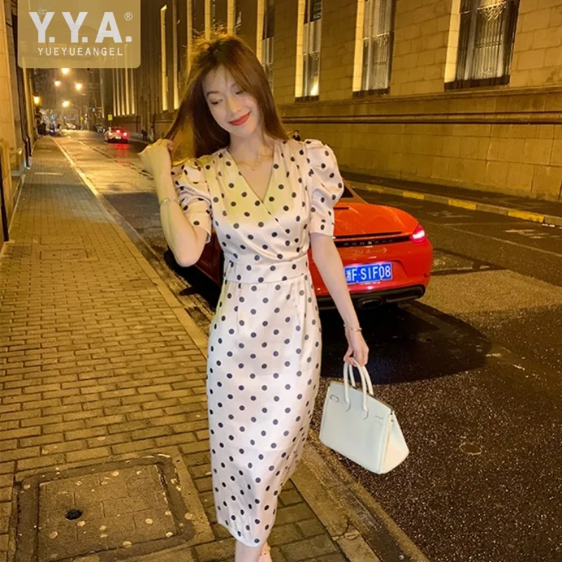 

Fashion Summer Party Vintage Chiffon Dress Women Sexy Slim Fit V Neck Puff Sleeve Dots Dress Office Ladies Elegant Long Dresses
