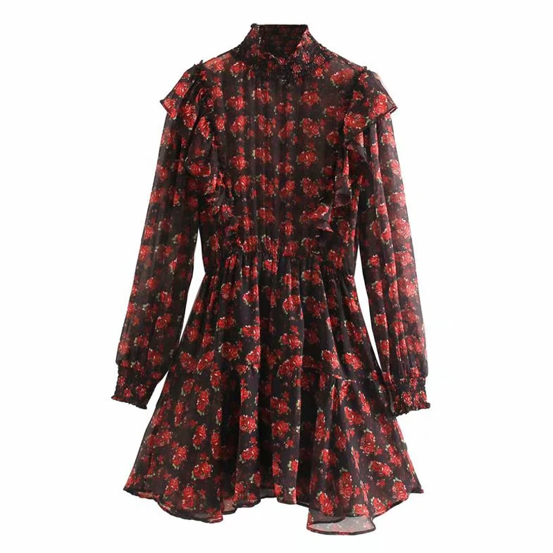 Платье-водолазка с цветочным принтом элегантное мини-платье поясом на резинке и