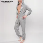 Однотонные Комбинезоны для отдыха, одежда для сна, INCERUN, мужские комбинезоны на кулиске с длинными рукавами, пуговицами и капюшоном, ночная рубашка, свободные карманы, домашняя одежда 5XL