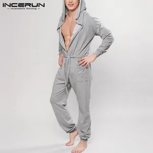 Однотонные Комбинезоны для отдыха, одежда для сна, INCERUN, мужские комбинезоны на кулиске с длинными рукавами, пуговицами и капюшоном, ночная рубашка, свободные карманы, домашняя одежда 5XL