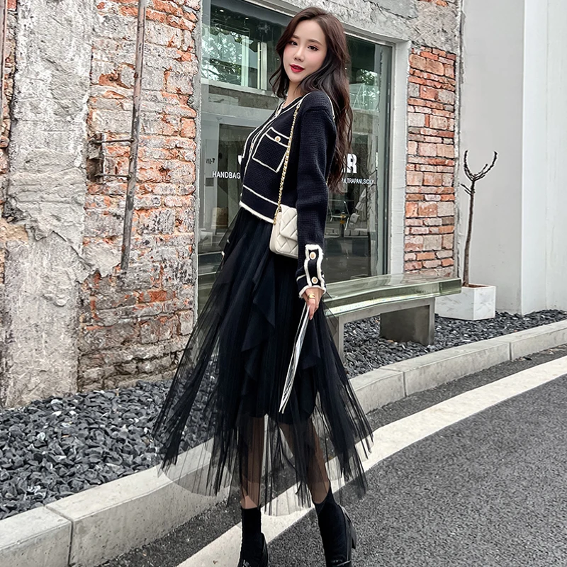 

Новинка весна-осень 2021 Женская сетчатая юбка с высокой талией средней длины ассиметричная юбка из пряжи плиссированная трапециевидная юбк...