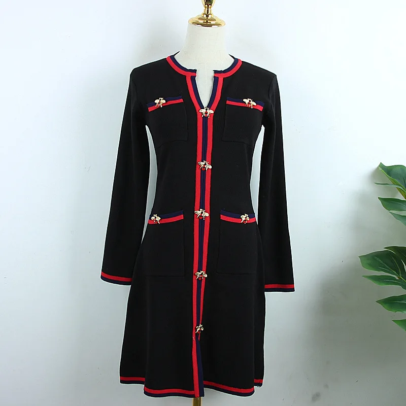 Женское трикотажное платье-свитер с длинным рукавом и бусинами Белое черное 2019 |